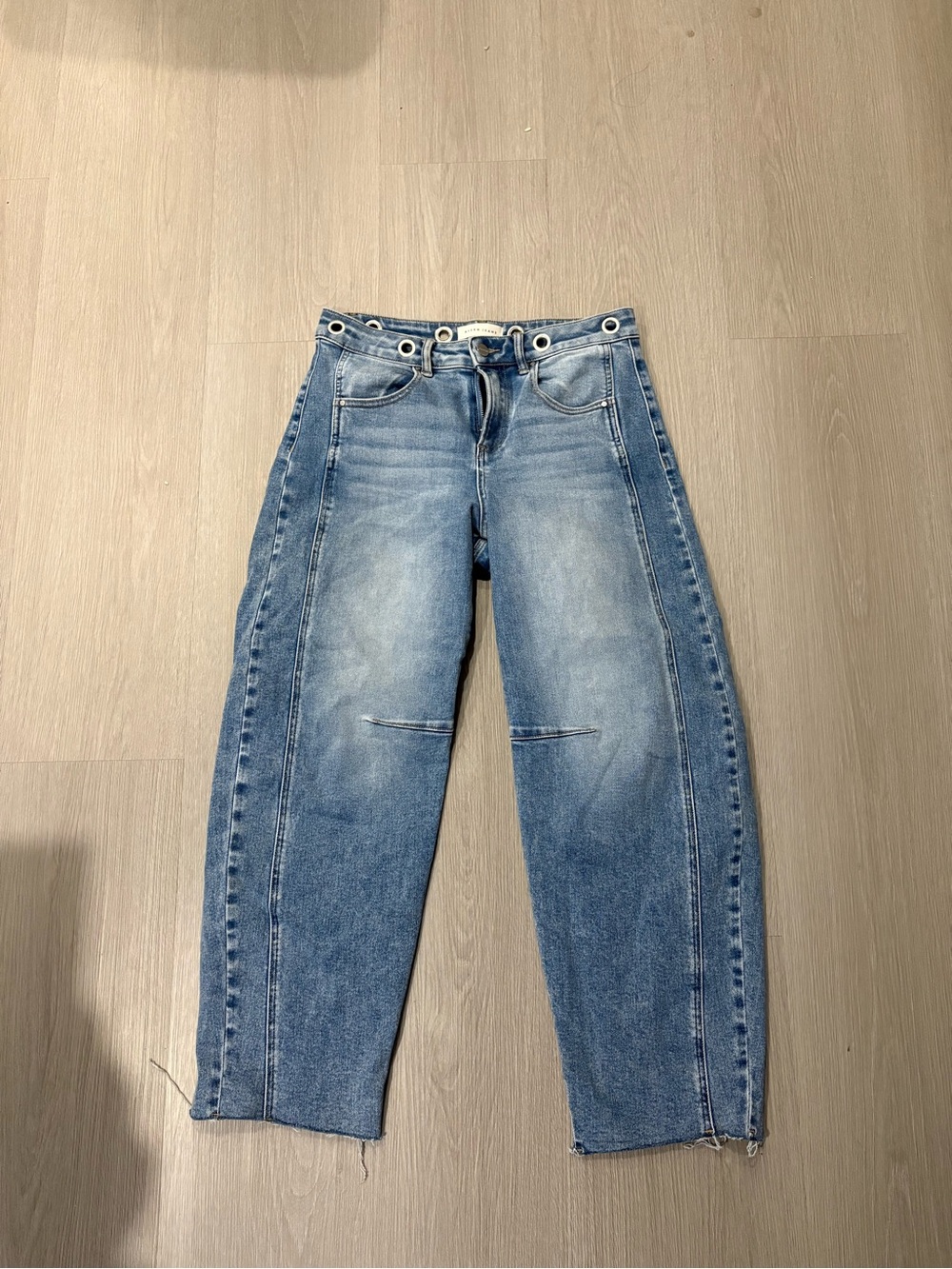 Washed Blue Boyfriend Jeans with Panel Seams